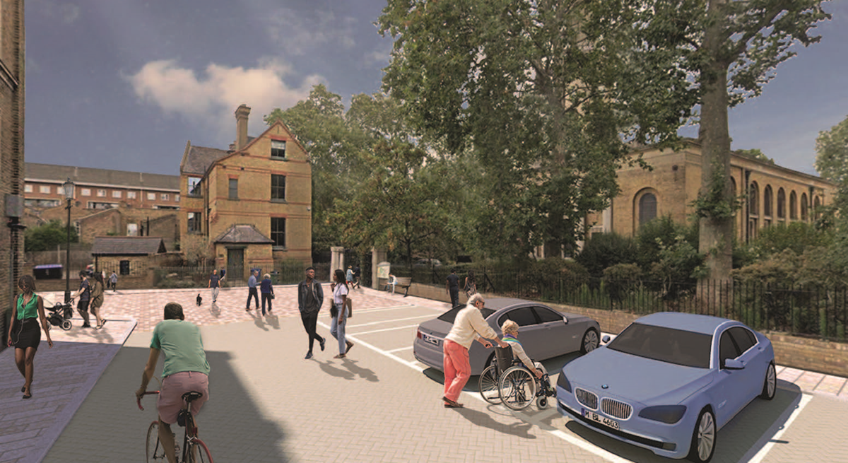 Initial design from Liverpool Grove from the South-East showing new paving, access arrangement into St Peter’s Church and Malvern House, car parking available including disabled bays.